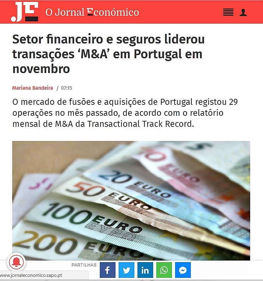 Setor financeiro e seguros liderou transaes M&A em Portugal em novembro